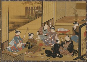 Interiørscene af en fest med <em>geisha</em> og kunder