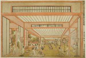 Udsigt over receptionslokaler i Japan - Underholdning på rottens dag i moderne stil (Uki-e wakoku keiseki ozashiki imayo ne no hi no asobi no zu)