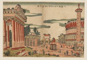 Træbloktryk - En capriccio udsigt over Rom, c1770