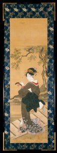 Et portræt i fuld længde af en kvinde, der tuner sin shamisen på en veranda (sumi, gofun & farve på silke); af Utagawa Toyokuni
