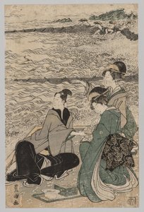 Mand og to kvinder ved havet, 1769-1825. af Utagawa Toyokuni