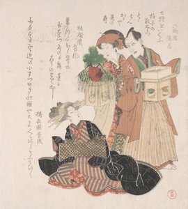 Skuespiller Nakamura Utaemon med to kvinder forbereder sig til nytårsceremonien, 1800-tallet. af Utagawa Toyokuni I