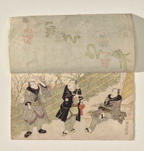 Kabuki-scene med et gardinløft for at afsløre tre Kabuki-skuespillere af Utagawa Toyokuni I