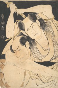 Skuespillerne Sawamura Sojuro III, der holder sværdet i vejret, og Arashi Shichigoro III som kamp..., ca. 1798. af Utagawa Toyokuni I