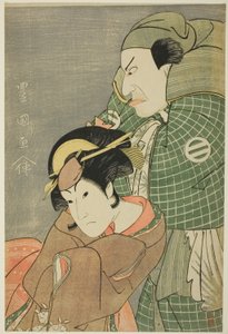 Skuespillerne Kataoka Nizaemon VII som Iyo no Taro og Iwai Hanshiro IV som Kojoro-gitsune fra Okazaki i stykket "Seiwa Nidai Oyose Genji", optrådte på Miyako Theatre i den ellevte måned, 1796 af Utagawa Toyokuni I