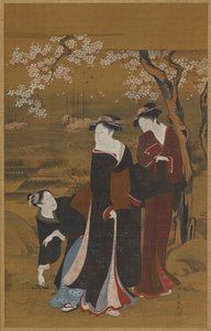 Tre kvinder under et blomstrende kirsebærtræ ved kysten, 1769-1825. af Utagawa Toyokuni I