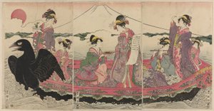 Kvinder på en båd ved nytår efterligner de syv lykkeguder af Utagawa Toyokuni I