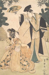 Ung dame med tromme og mand med fan, der hilser hende. af Utagawa Toyokuni I