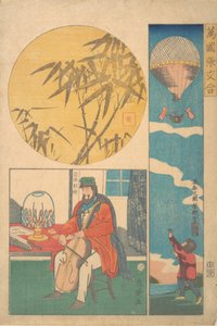 Amerikansk ballon, amerikansk spiller cello, bambus, 10. måned, 1861. af Utagawa Yoshiiku