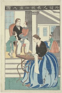 Vestlig kvinde bag en symaskine Gaikokujin ifuku shitate no zu (titel på objekt) Billede af en udlænding, der laver tøj af Utagawa Yoshikazu