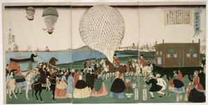 Ballonflyvning i Amerika, pub. 1865 (håndfarvet træsnit) af Utagawa Yoshitora
