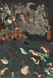 Frøånden Nikushi fremmaner et magisk frøslag ved Tateyama i Etchu-provinsen, 1864 af Utagawa Yoshitora