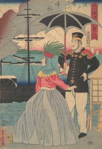 Returning Sails at the Wharves [amerikansk par], 1. måned, 1861. af Utagawa Yoshitora