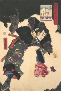 The Warrior Slaying the Giant White Hihi, 1859, 2. måned. af Utagawa Yoshitora