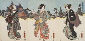 Scene fra Genji monogatari (Genji-fortællingen) af Murasaki Shibuku (f. 978) ca. 1860 (farve-træsnit) af Utagawa and Toyokuni Kuniyoshi