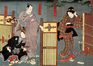 Scene fra Genji monogatari (Genji-fortællingen) af Murasaki Shibuku (f. 978) ca. 1860 (farve-træsnit) af Utagawa and Toyokuni Kuniyoshi