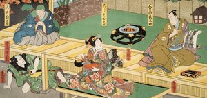 Scene fra Genji monogatari (Fortælling om Genji) af Murasaki Shibuku (f. 978) ca. 1860 (træblok i farver) af Utagawa and Toyokuni Kuniyoshi