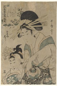 Tanabata: Kurtisanen Tsukioka fra Tamaya-huset Tanabata: Tamaya uchi Tsukioka (titel på objekt) Digte på blomsterpapir til de fem sæsoner (serietitel) Hana no irogami gosetsu yomiuta (serietitel på objekt) af Utamaro (II) , Kitagawa (attributed to)