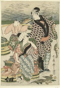 Udsigt over fiskemarkedet på stranden i Shiba [Shiba] no ura uoichi no zu af Utamaro (II) , Kitagawa