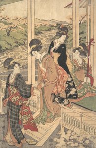 Gruppe af kvinder på Engawa af et landsted, i tiden for kirsebærblomstringen,..., ca. 1806.