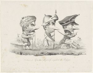 Tegneserie af Rotterdam-militsen, 1830 Les braves de Rotterdam allant à la conquête de la Belgique (titel på objekt) af V. Dubrulle