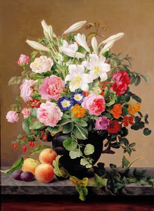 Stilleben med blomster og frugt