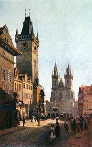 Udsigt over Staromestsky Rynk med rådhuset og Vor Frue Kirke før Tyn, fra "Stara Praha" (det gamle Prag), ca. 1900 (farvelitografi)