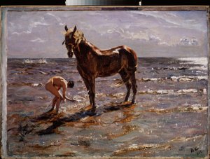 Hestens bad. (Ung nøgen mand plasker en hest, to andre skikkelser løber ud på havet). Maleri af Valentin Alexandrovich Serov (1865-1911), olie på lærred