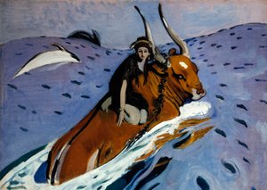 Bortførelsen af ​​Europa. Den smukke fønikiske prinsesse er på ryggen af ​​Zeus, forvandlet til en tyr, som tager hende med ud i havet, omgivet af delfiner. Maleri af Valentin Alexandrovich Serov (1865-1911), olie på lærred