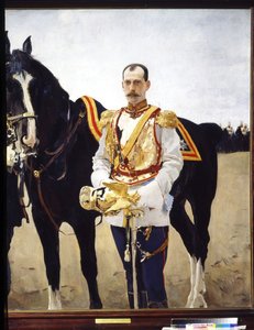 Portræt af storhertug Paul Alexandrovich af Rusland (1860-1919). (Portræt af storhertug Paul Alexandrovich af Rusland). I uniformen af ​​en officer af kavaleriet i den kejserlige russiske hær, nær hans hest. Maleri af Valentin Alexandrovich Serov ( af Valentin Aleksandrovich Serov