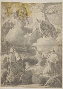 Jomfruen og barnet i skyerne omgivet af engle og Sts Cosmas og Damian, Cecilia, Secondo og Marina af Valentin Lefèvre