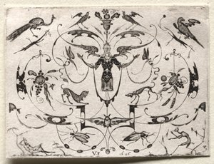 Arabesk med påfugl, parakit, hunde og insekter, 1626. af Valentin Sezenius