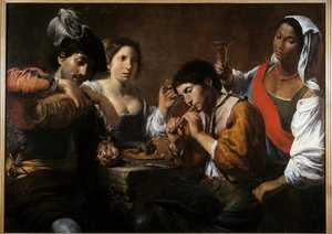 Møde i en kabaret Maleri af Valentin de Boulogne (1591-1632) 1600-tallet søn. 0,96x1,33 m af Valentin de Boulogne