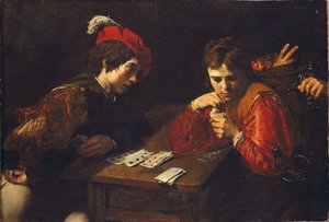 The Cardsharps, af Valentin de Boullogne (1591-1632). Olie på lærred, ca. 1615. Mål: 94,5x137 cm. Dresdens statskunstsamlinger