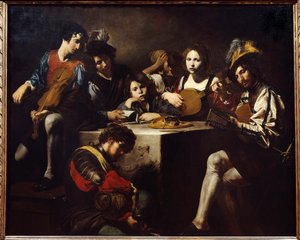 Lavreliefkoncerten. Musikere samledes omkring et skulpturelt alter. Maleri af Valentin de Boulogne (1591-1632). Svag. 1,73 X 2,14 m.