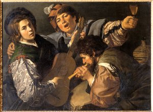Tre mænd laver musik, ca. 1616 (olie på lærred) af Valentin de Boulogne
