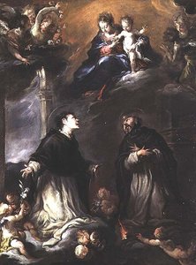 Madonna og barn viser sig for to dominikanske hellige af Valerio (circle of) Castello