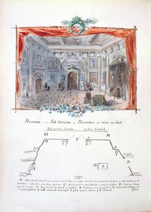 Scenografi og scenevejledning til en produktion fra 1877 af Hernani af Victor Hugo (1802-85), 1879 (blæk og gouache) af Valnay Pere et fils