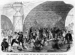 fiskeren har linen i bunden af broen ni i paris i 1868 under lavvandet. tegning af Desroches - Valnay. af Valnay Pere et fils