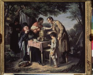 Drikker te i Mytishchi (Mytischi), nær Moskva. (Ortodokse munke tager te i en have, en krøbling og et nødlidende barn tigger, skubbet væk af en tjenestepige.) Maleri af Vasili (Vassili) Grigorievich Perov (1834-1882), olie på lærred af Vasili Grigorevich Perov