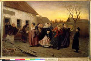 Russisk skik: procession af kvinder, der forlader et hus, dansende og syngende på tærsklen til et bryllup (Eve-of-the-wedding Party in a Bath House). Maleri af Vasili (Vasili) Grigoryevich Perov (1834-1882) af Vasili Grigorevich Perov