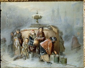 Køen ved springvandet. Midt om vinteren venter byens indbyggere på deres tur, i den kolde vind og tågen, til at fylde deres spand med drikkevand. Maleri af Vasili (Vasili) Grigoryevich Perov (1834-1882), olie
