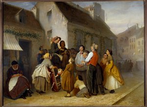 Gadebillede i Paris. Forbipasserende standsede foran et par gademusikanter: Manden spiller på ehru (instrument med to strenge gnedet af en bue), og hans kone synger. Maleri af Vasili (Vasili) Perov (1833-1882)