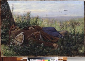 En pilgrim på en mark. Maleri af Vasily (Vasily) Grigoryevich Perov (1834-1882), olie på lærred af Vasili Grigorevich Perov