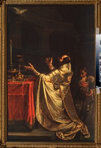 Basilikum den Store (330-379) (eller Basilikum fra Cesarea) bøje sig foran Helligåndens due (Helligånden) - Basil den Store - Maleri af Vasili Kuzmich Shebuev (1777-1855), olie på lærred af Vasili Kuzmich Shebuev