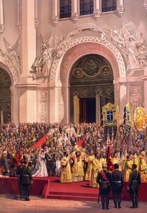 Kroningsalbum af zar Alexander III af Rusland (1845-1894) og kejserinde Maria Feodorovna (Dagmar af Danmark) (1847-1928) - Kejserparret forlader Kristi Frelsers katedral (Fra kroningsalbummet) af Vasili Petrovich (Petr.