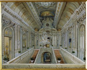 Hovedtrappen til Yusupov-paladset (Moika-paladset) i Sankt Petersborg. (Hovedtrappen i Yusupov-paladset i Skt. Petersborg). Værk af Vasily Semyonovich Sadovnikov (1800-1879), akvarel på papir. russisk kunst af Vasili Semenovich Sadovnikov