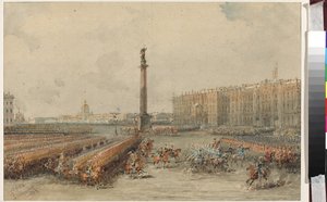 Parade af Life-Guards Horse Regiment på Palace Square - Vasily Semyonovich Sadovnikov (1800-1879). Akvarel og hvid farve på papir af Vasili Semenovich Sadovnikov