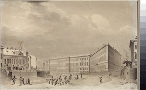 Sankt Petersborg. Generalstabsbygningen på Moika-flodens dæmning af Sadovnikov, Vasily Semyonovich (1800-1879). Akvarel på papir, før 1833. Statens Museum for Sankt Petersborgs Historie af Vasili Semenovich Sadovnikov