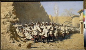 Til fæstningsværkerne, lad dem komme ind! (indsamling af tropperne før slaget) (Ved fæstningsmurene; lad dem komme ind!) - Maleri af Vasili Vasilyevich Vereshchagin (Vereshchagin) (1842-1904), olie på lærred (95x160,5 cm) af Vasili Vasilievich Vereshchagin